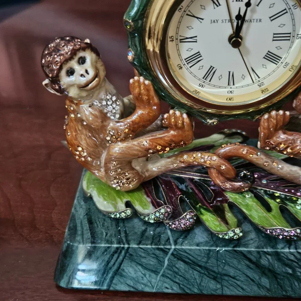 JAY STRONGWATER MONKEY DRA JUNGLE SAFARI CRYSTAL ENAMEL OFFICE DESK MANTEL CLOCK